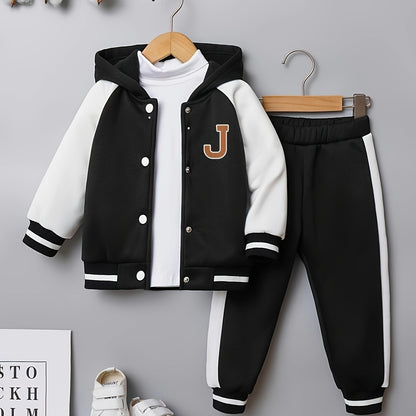 Long Sleeve Color Block Drop Shoulder Varsity Baseball Hooded Jacket & Casual Pants Outfit - 2pcs Boys J Letter Print - Kids Clothing For Spring Fall Daily & Outdoor Wear