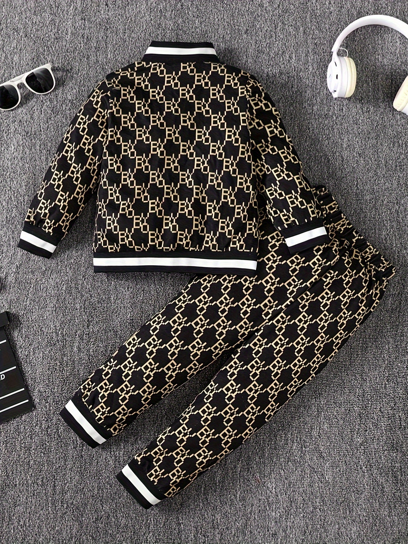 2pcs Autumn Winter Geometric Pattern Boy's Trendy Co Ord Set - Long Sleeve Stand Collar Zip-up Jacket & Elastic Waistband Trousers