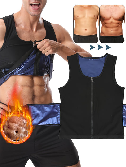 Men's Slimming Zip-Up Body Shaper Tank Top - Neoprene Sauna Sweat Vest for Fitness & Training, Breathable Polyester Blend, Black