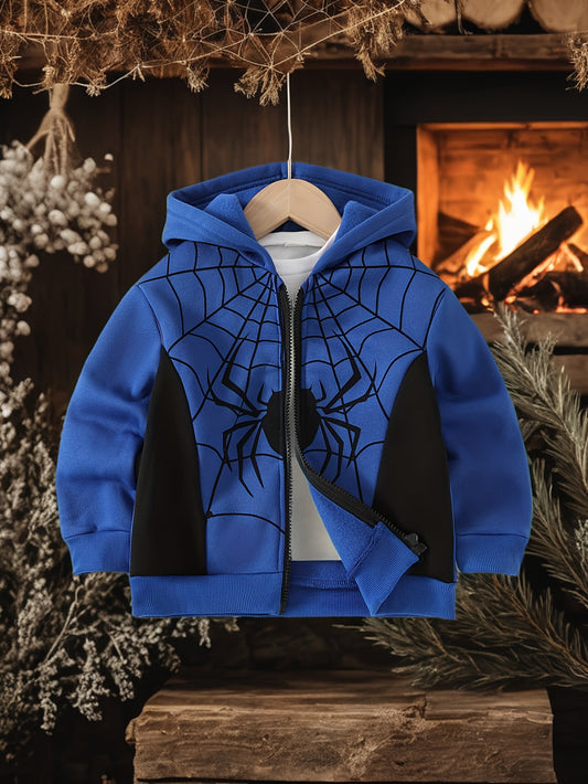 Autumn And Winter Zip Up Long Sleeve Spider Web Pattern Hooded Jacket - Boy's Coat