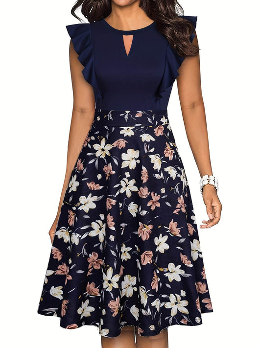 Elegant Floral Midi Dress for Women - Navy Blue with Ruffled Sleeves, Keyhole Neckline, and Stretchy Polyester Blend, Machine Washable, Perfect for All Seasons - ZOOMNSTORE