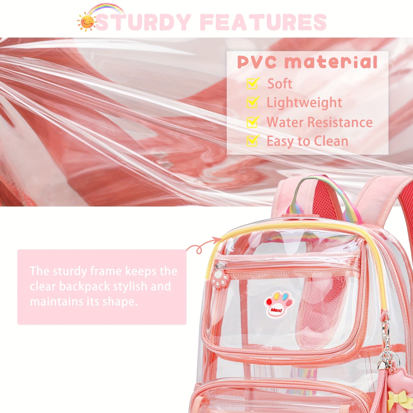 Pink Clear Backpack - Durable Waterproof School Bag with 2 Front Pockets  Cartoon Stickers