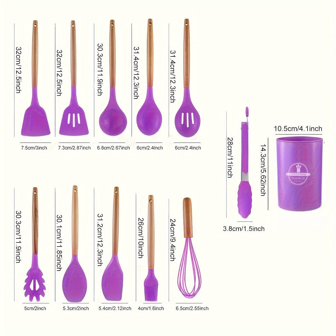 12-Piece Premium Non-Stick Silicone Kitchen Utensil Set with Ergonomic Wooden Handles - Durable, Heat-Resistant, Easy to Clean, and Safe for Cooking and Baking - Ideal for Back to School, Dorm Essentials, and Home Cooking Ent - ZOOMNSTORE