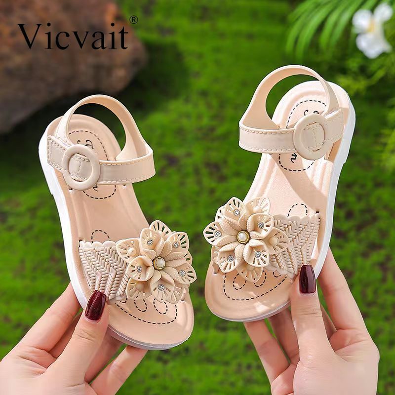 Vicvait Girls' Sandals 2024 Summer New Small and Medium sized Children'S ShoesLittle Girl Soft Sole Anti slip Baby Princess Shoes