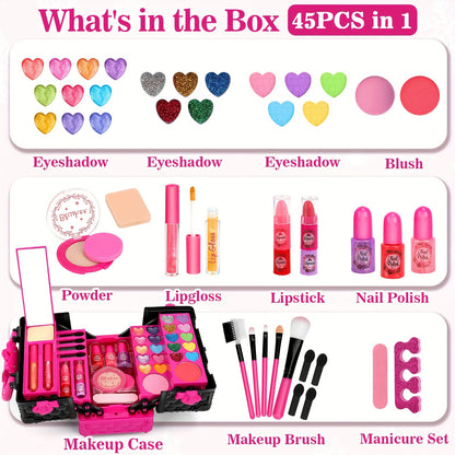 45pcs Girls Makeup Playset - Washable Cosmetic Kit with Accessories for Ages 3-6