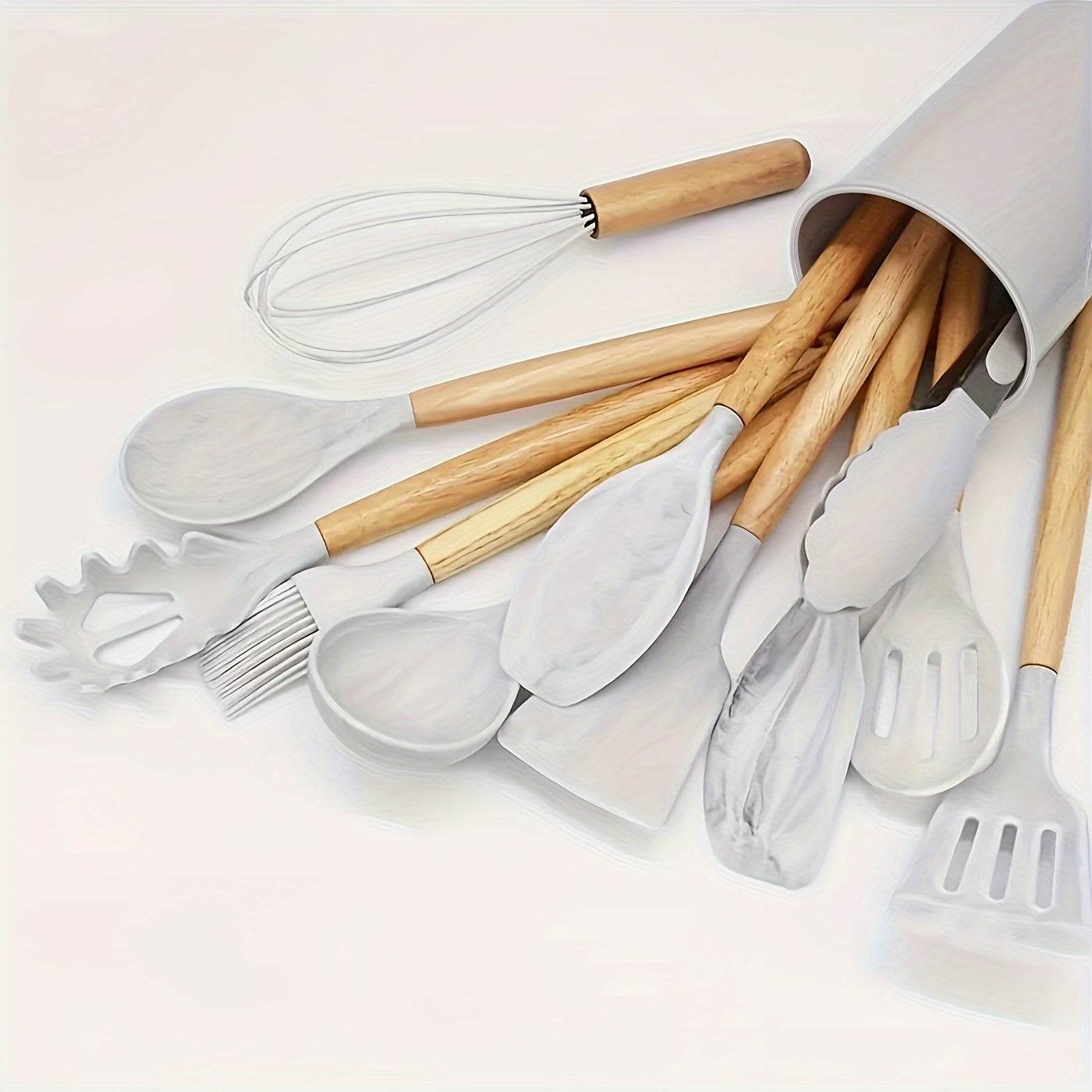 12-Piece Premium Non-Stick Silicone Kitchen Utensil Set with Ergonomic Wooden Handles - Durable, Heat-Resistant, Easy to Clean, and Safe for Cooking and Baking - Ideal for Back to School, Dorm Essentials, and Home Cooking Ent - ZOOMNSTORE