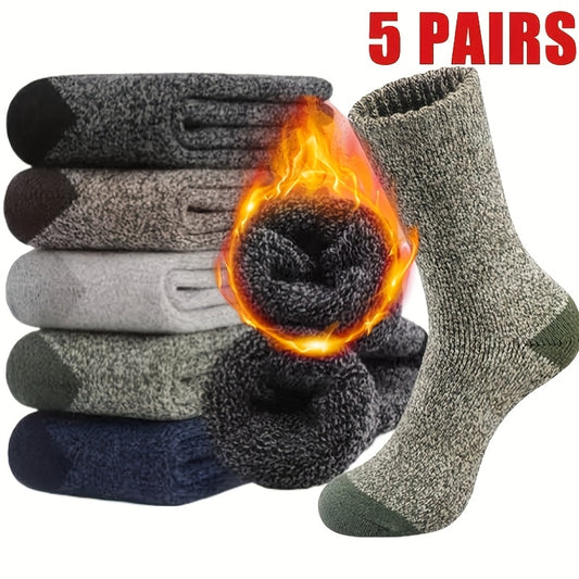 [5 Pairs Warm Winter Socks] 5 Pairs Of Men'S Thick, Warm And Comfortable Winter Socks - Soft And Comfortable Knitted Round Head Socks, Suitable For Cold And Frozen Weather, Polyester And Elastic Fiber Blend