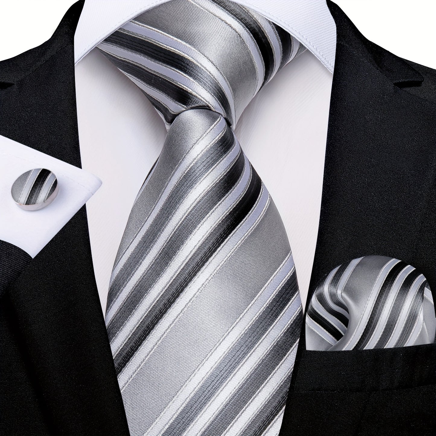 [3PCS Gray Striped Silk Tie Set] Mens Silk Tie Gray Striped Woven Necktie Set Hanky Cufflinks Gift 3PCS