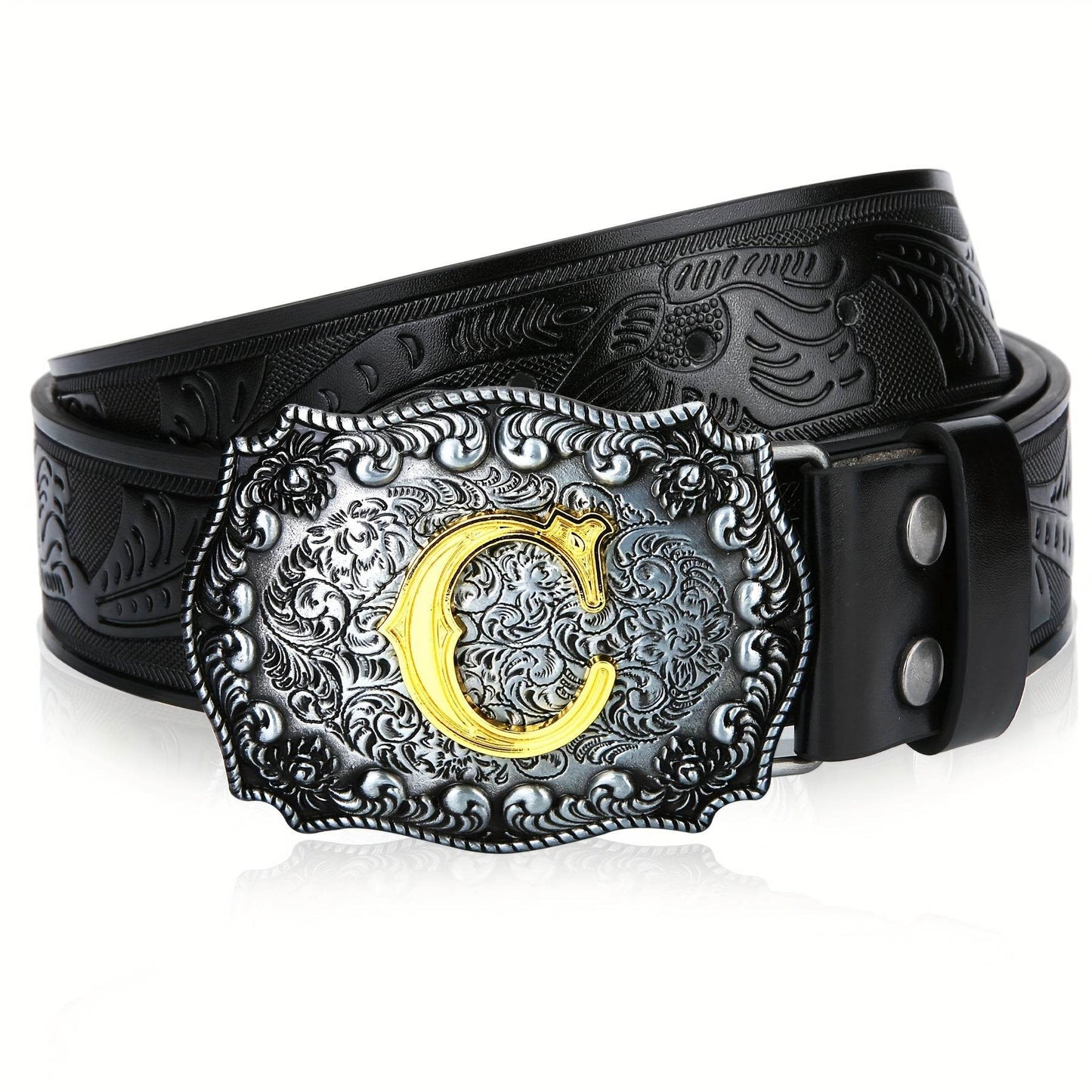 Mens' Western Cowboy Embossed Floral PU Leather Belt - Longhorn Bull Pattern Letter Big Buckle Belt - Stylish, Durable, and Adjustable Belts for Men - ZOOMNSTORE