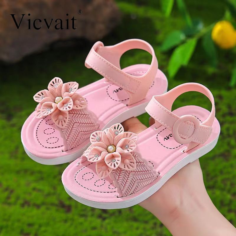 Vicvait Girls' Sandals 2024 Summer New Small and Medium sized Children'S ShoesLittle Girl Soft Sole Anti slip Baby Princess Shoes