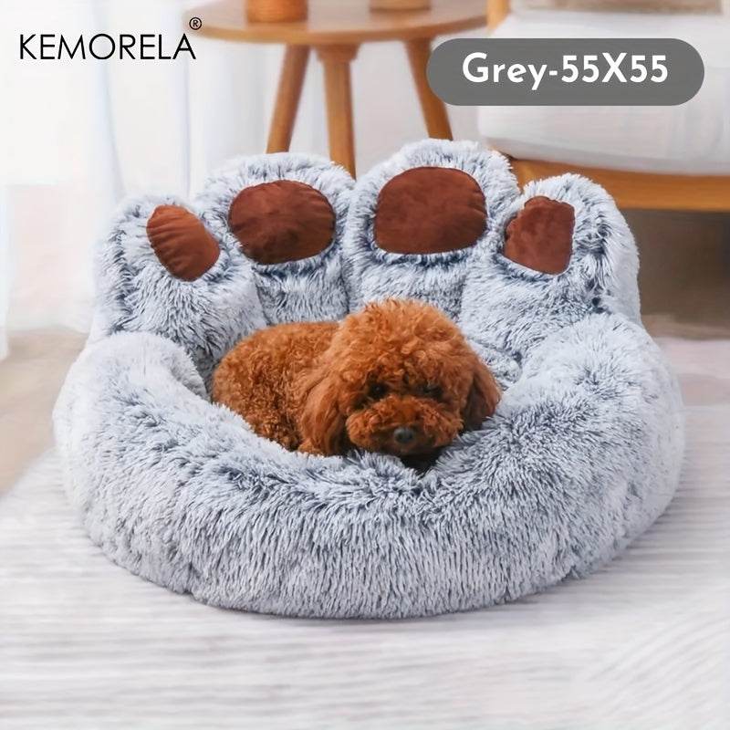 Cozy Bear Paw-Shaped Plush Pet Bed - Modern Gray with Brown Accents, Non-Slip Bottom, Soft & Warm Polyester Nest for Small Cats and Dogs - ZOOMNSTORE