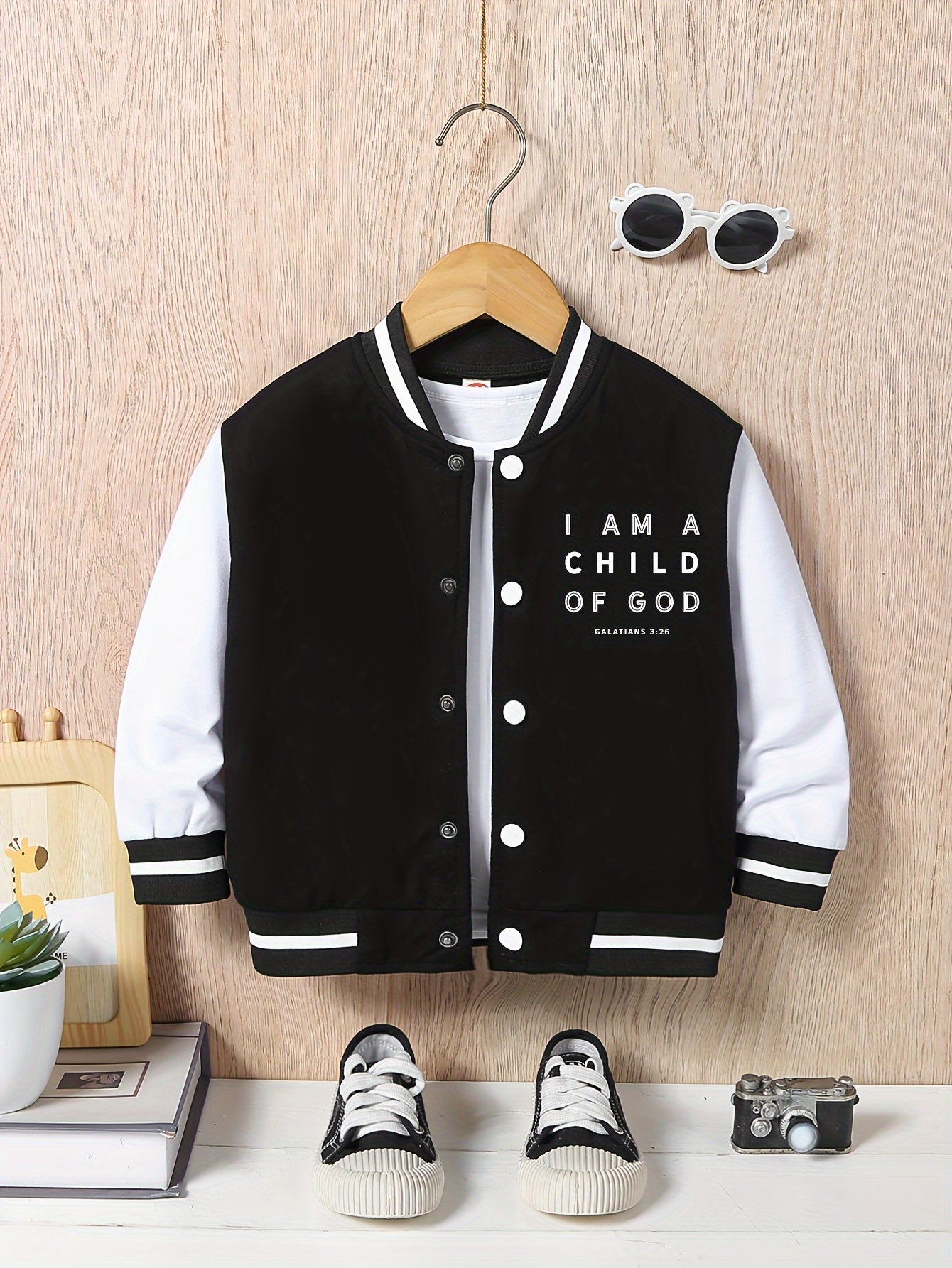 [For Kids Preppy Varsity Jacket] I AM A CHILD OF GOD Print Varsity Jacket For Kids, Preppy Style Bomber Jacket, Button Front Long Sleeve Coat, Boy's Clothes For Spring Fall Outdoor