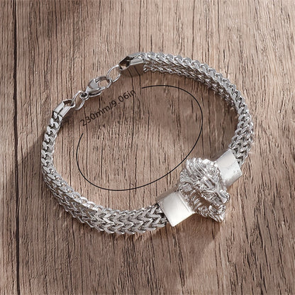 2pcs/set Domineering Lion Head Bracelet Men's Stainless Steel Braided Chain Wristband Bracelet Hip-Hop Trendy Accessories