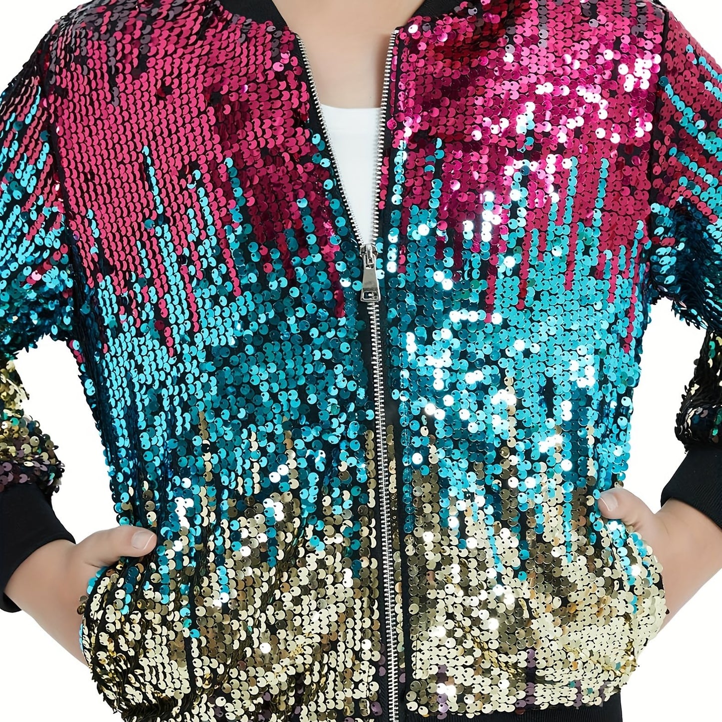 Lightweight Sparkle Mebius Girls Sequin Bomber Jacket - Zipper Long Sleeve with Pockets - For Kid 6-12Y