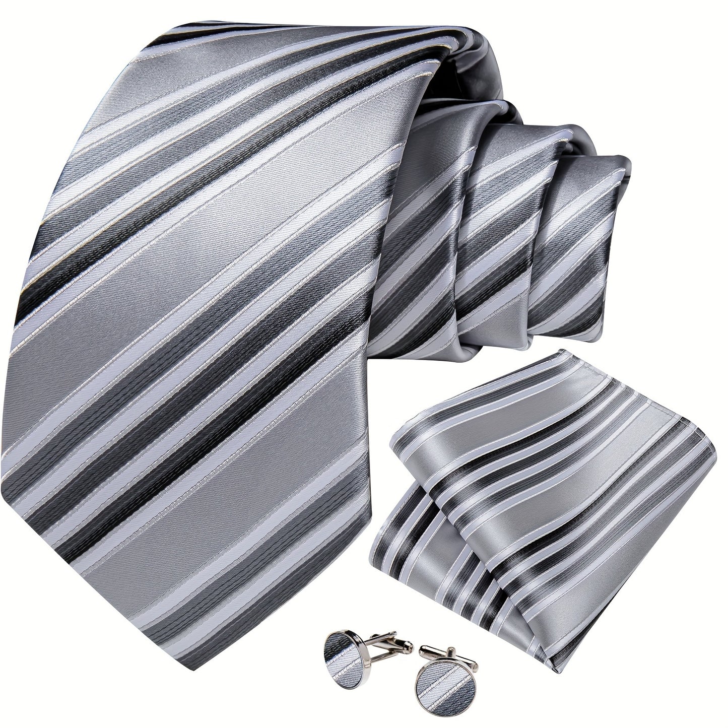 [3PCS Gray Striped Silk Tie Set] Mens Silk Tie Gray Striped Woven Necktie Set Hanky Cufflinks Gift 3PCS