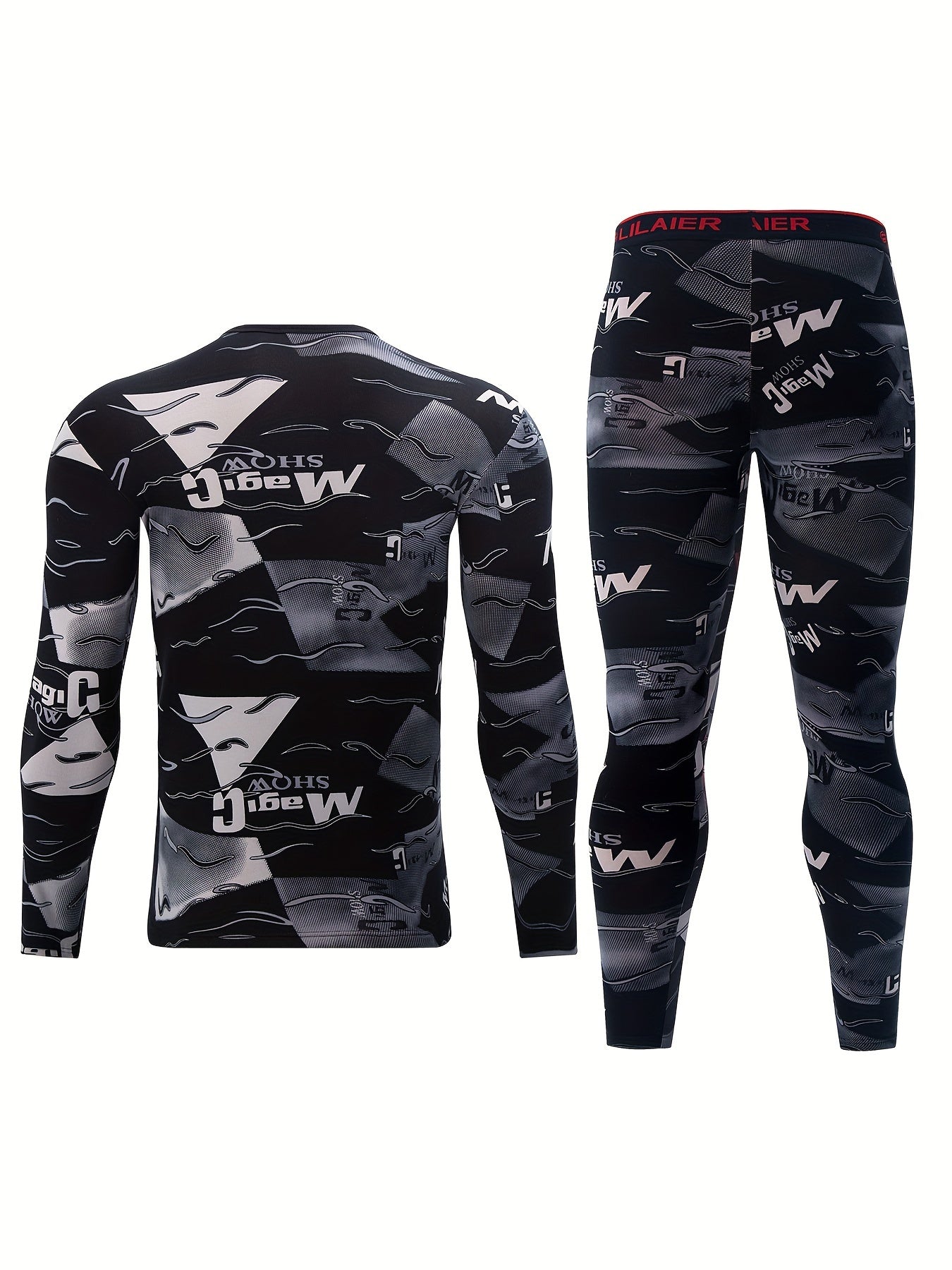 [2pcs Thermal Underwear Set Slight] Men'S 2pcs Thermal Underwear Set with Long Sleeve Top and Pants, 95% Polyester 5% Elastane, Slight Stretch, All Over Print, Knit Fabric, Casual Innerwear for Autumn and Winter