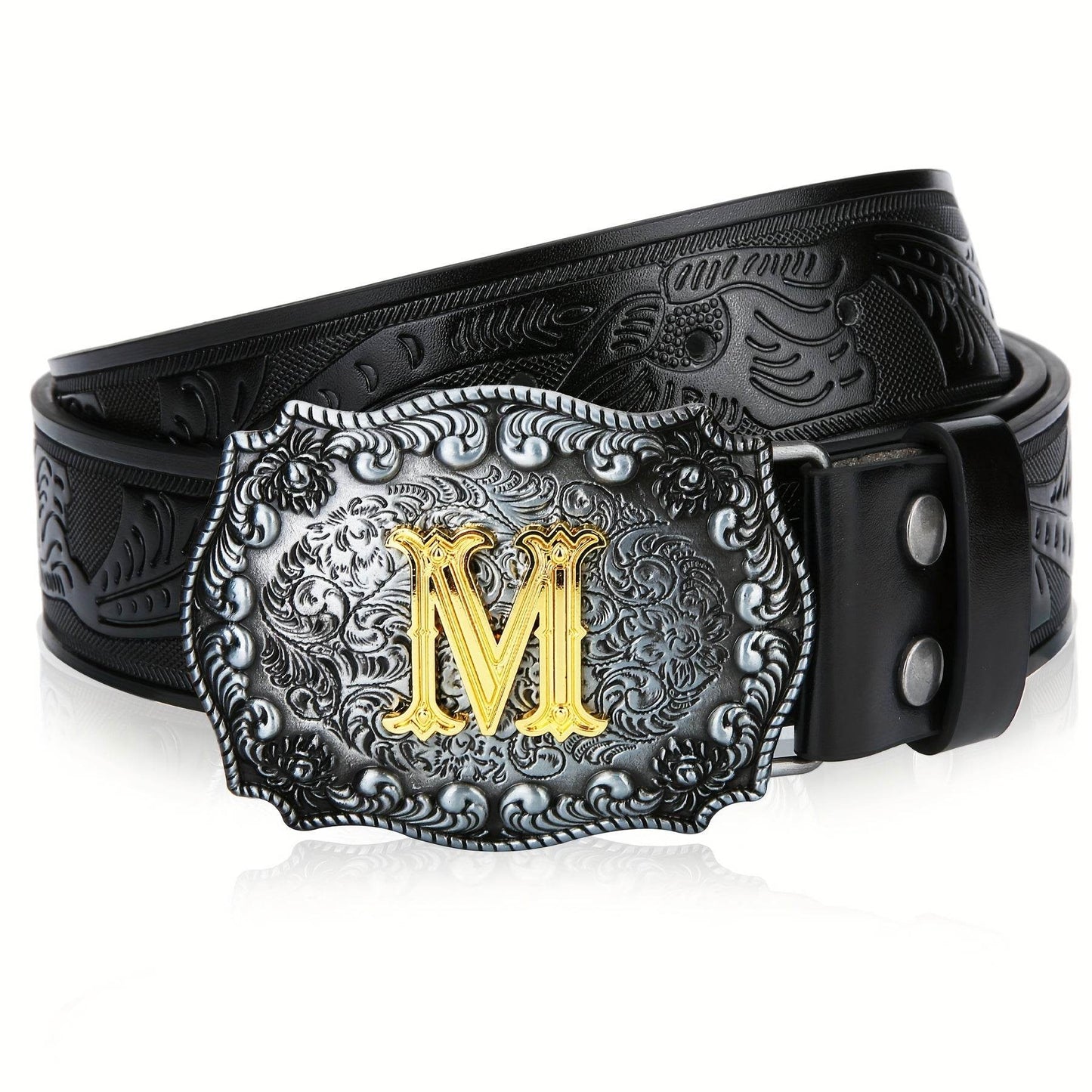 Mens' Western Cowboy Embossed Floral PU Leather Belt - Longhorn Bull Pattern Letter Big Buckle Belt - Stylish, Durable, and Adjustable Belts for Men - ZOOMNSTORE