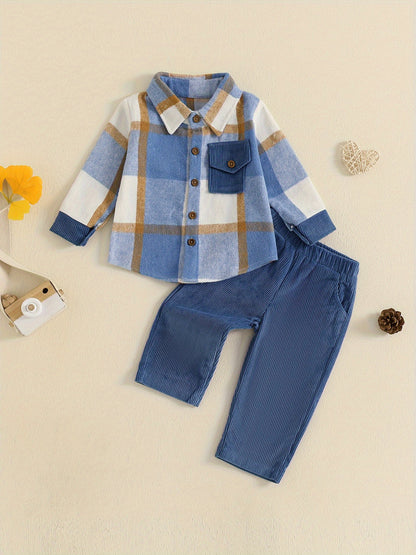 236.22inch-5T Kids Baby Boy Fall Outfits Classic Long Sleeve Plaid Print Jacket + Corduroy Pants Set Kid Clothes