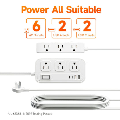 Flat Plug Surge Protector Outlet Extender Power Strip with 5 Ft Thin Flat Extension Cord, 6 Widely Distributed AC Outlets, 4 USB Charging Ports (2 USB A & 2 USB C), Desk Charging Station, Compact Power Strip Outlet Extender F