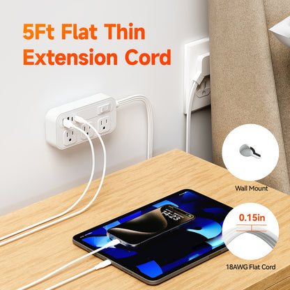 Flat Plug Surge Protector Outlet Extender Power Strip with 5 Ft Thin Flat Extension Cord, 6 Widely Distributed AC Outlets, 4 USB Charging Ports (2 USB A & 2 USB C), Desk Charging Station, Compact Power Strip Outlet Extender F