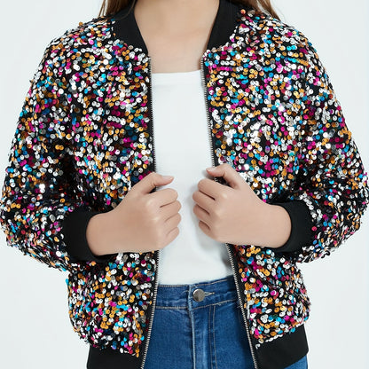 Lightweight Sparkle Mebius Girls Sequin Bomber Jacket - Zipper Long Sleeve with Pockets - For Kid 6-12Y