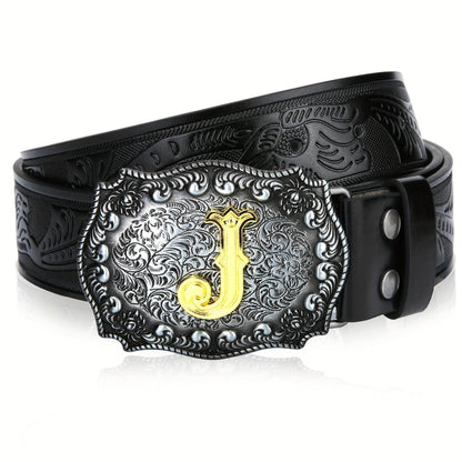 Mens' Western Cowboy Embossed Floral PU Leather Belt - Longhorn Bull Pattern Letter Big Buckle Belt - Stylish, Durable, and Adjustable Belts for Men - ZOOMNSTORE