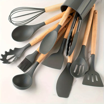 12-Piece Premium Non-Stick Silicone Kitchen Utensil Set with Ergonomic Wooden Handles - Durable, Heat-Resistant, Easy to Clean, and Safe for Cooking and Baking - Ideal for Back to School, Dorm Essentials, and Home Cooking Ent - ZOOMNSTORE