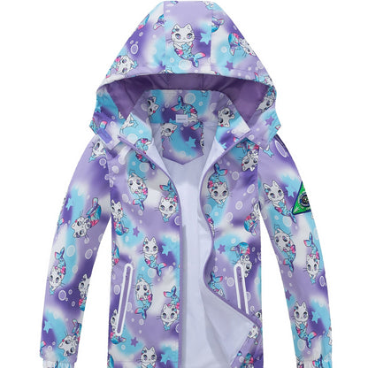 Outdoor Girls Rainproof & Cute Print Zip-up Rain Jacket With Detachable Hood - Lightweight Mesh Lining Hoodie Windbreaker