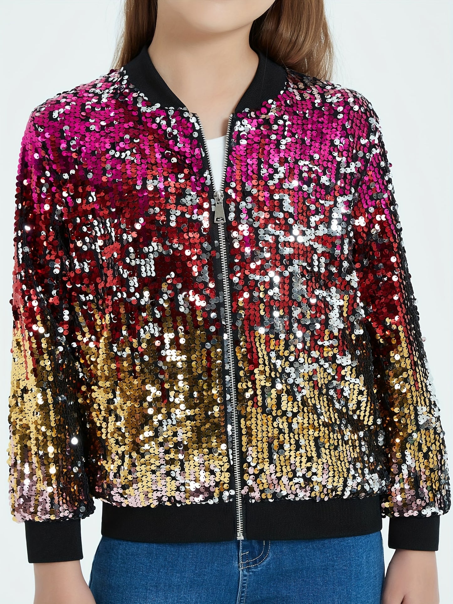 Lightweight Sparkle Mebius Girls Sequin Bomber Jacket - Zipper Long Sleeve with Pockets - For Kid 6-12Y