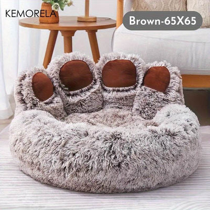 Cozy Bear Paw-Shaped Plush Pet Bed - Modern Gray with Brown Accents, Non-Slip Bottom, Soft & Warm Polyester Nest for Small Cats and Dogs - ZOOMNSTORE