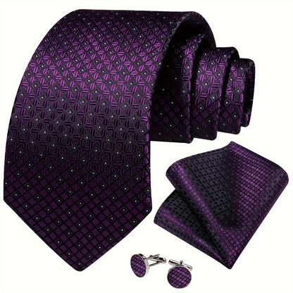 3pc/set Classic Mens Silk Tie Purple Checks Necktie Square Hanky Cufflink Set Formal