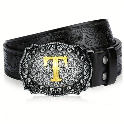 Mens' Western Cowboy Embossed Floral PU Leather Belt - Longhorn Bull Pattern Letter Big Buckle Belt - Stylish, Durable, and Adjustable Belts for Men - ZOOMNSTORE