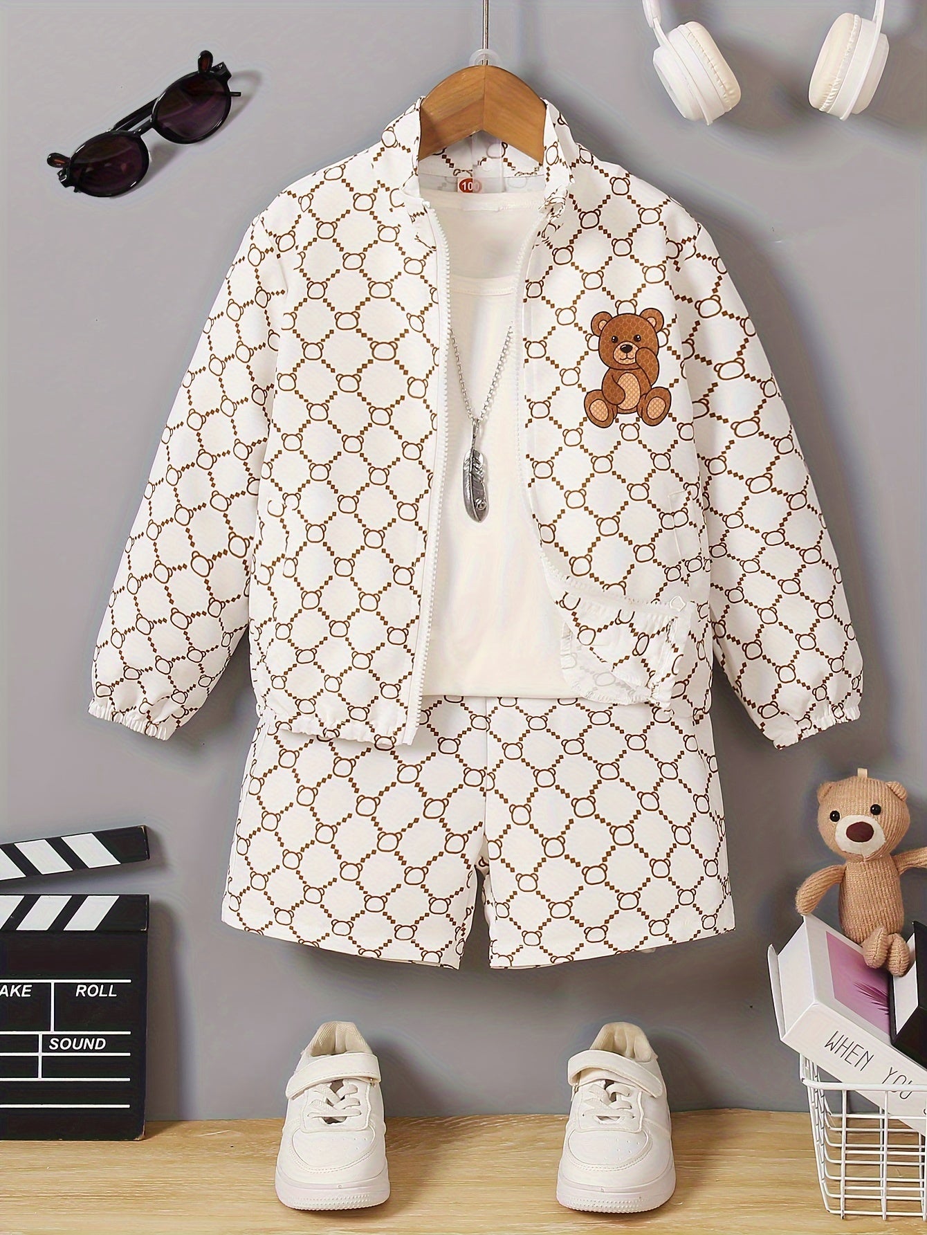 [Quick-Dry Long Sleeve Jacket Set] Kids Sporty Quick-Dry Woven Zip-Up Long Sleeve Jacket & Shorts Set, Cute Bear Print, Casual Style, Boys Spring And Fall Outfit, Ideal For Daily & Outdoor Wear