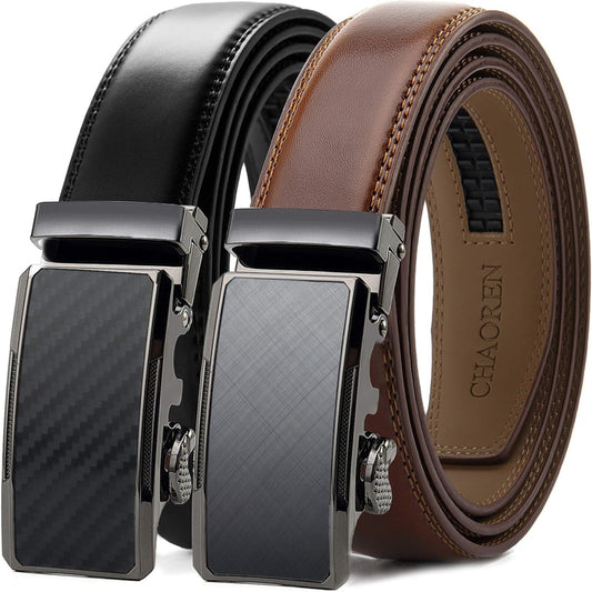 2pcs CHAOREN Men'S Genuine Leather Dress Belts Set, 32mm Wide Business Style with Automatic Alloy Ratchet Buckle for Dress Pants