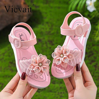 Vicvait Girls' Sandals 2024 Summer New Small and Medium sized Children'S ShoesLittle Girl Soft Sole Anti slip Baby Princess Shoes